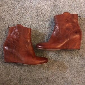 Frye Cognac Leather Wedge Booties